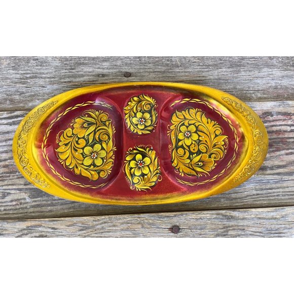 Vintage small Toleware Floral Tidbit relish tray Red Gold - Picture 1 of 11